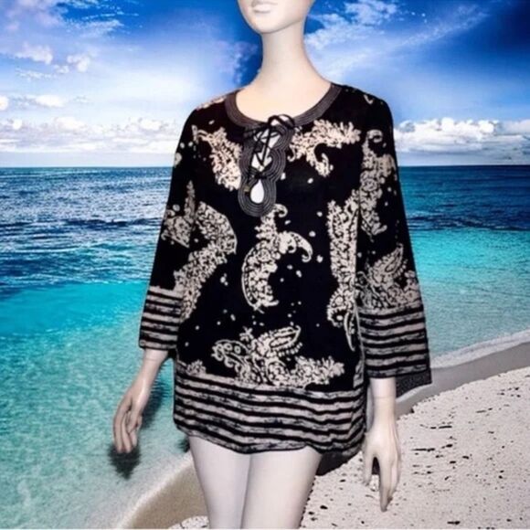 MICHAEL Michael KORS Top Navy Paisley Floral Print Cutout Lace-up Tunic Size M - Picture 6 of 13